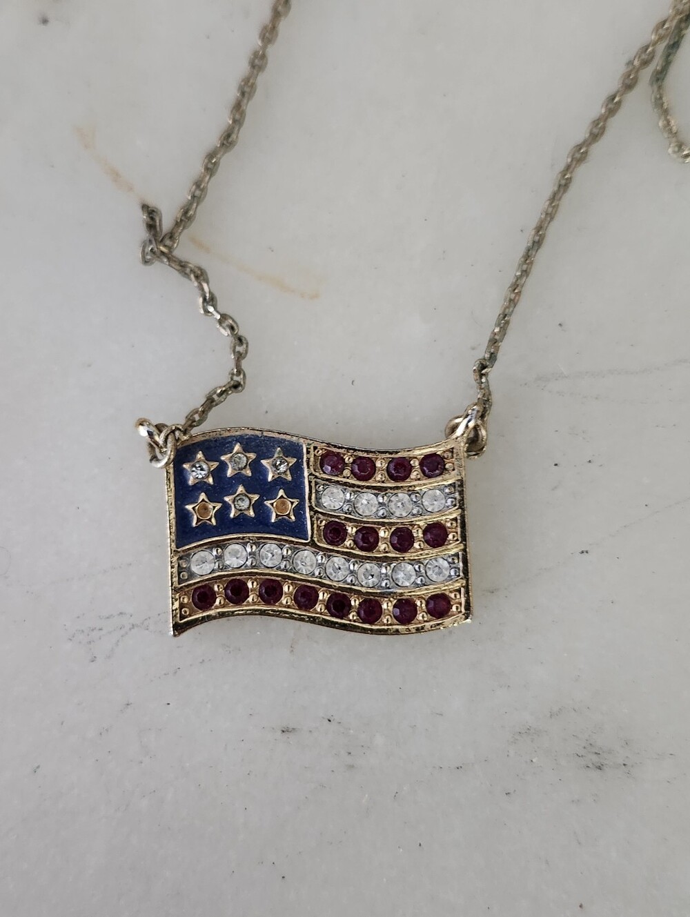 Avon Patriotic Crystal American Flag Pendant Necklace - Gold Tone, Red & Blue - Picture 4 of 7